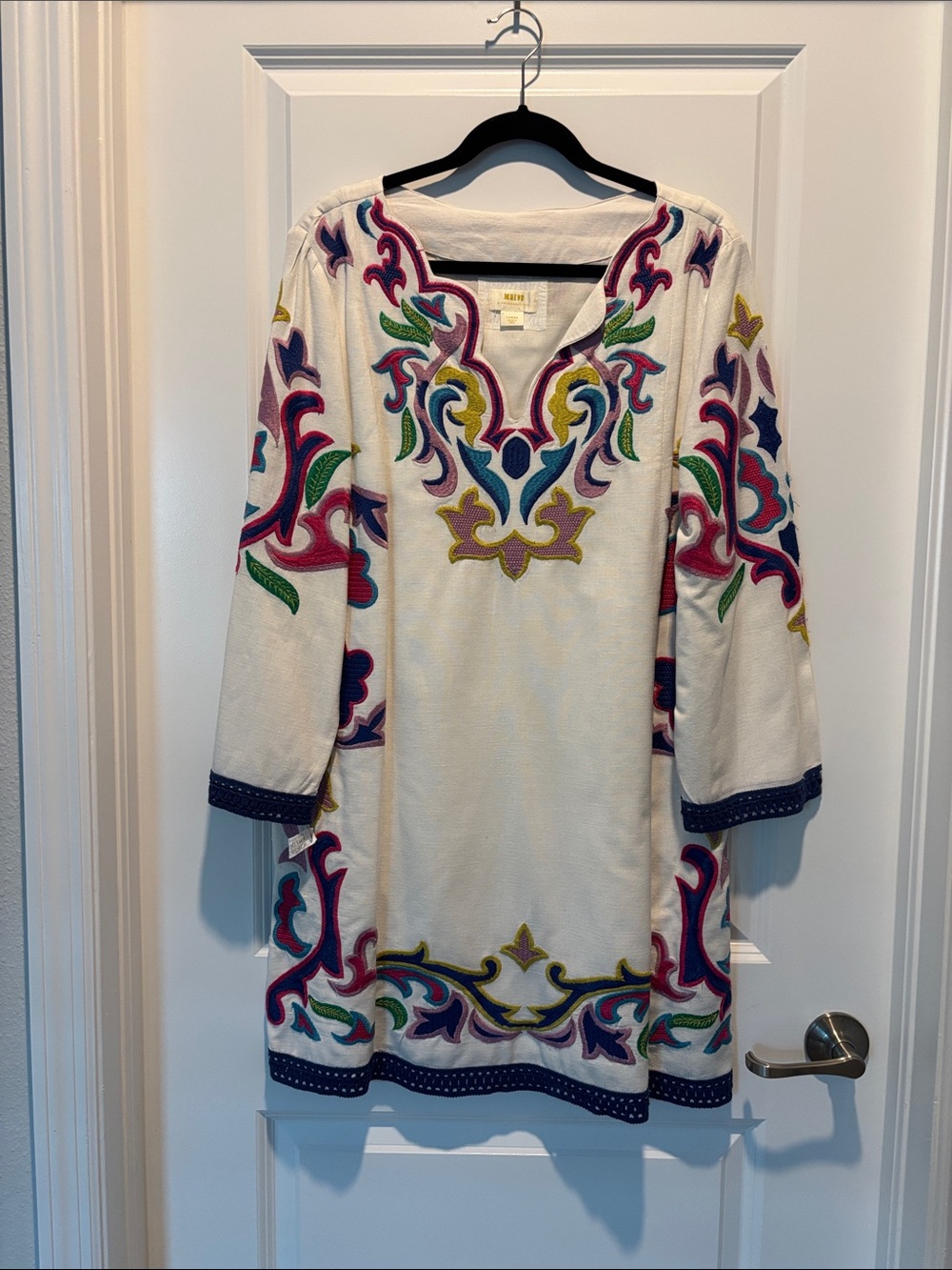 Anthropologie Off  White Tunic Dress with Multicolor Embroidery